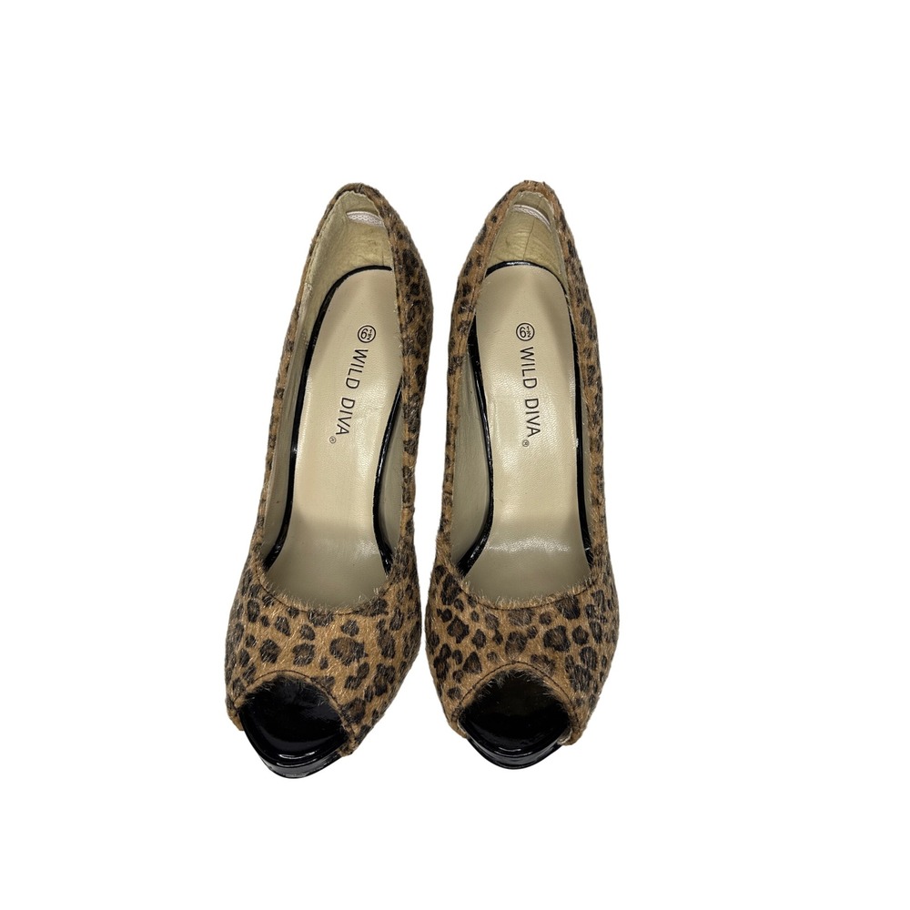 Wild Diva Peep Toe Pump Women 6.5 Brown Faux Hair Leopard Stiletto Platform - Picture 6 of 10